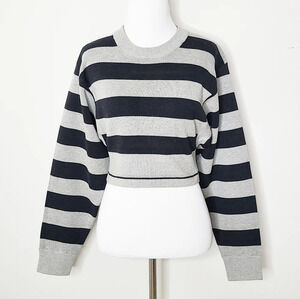 New Anthropologie Olivaceous Gray & Black Striped Cropped Sweater L